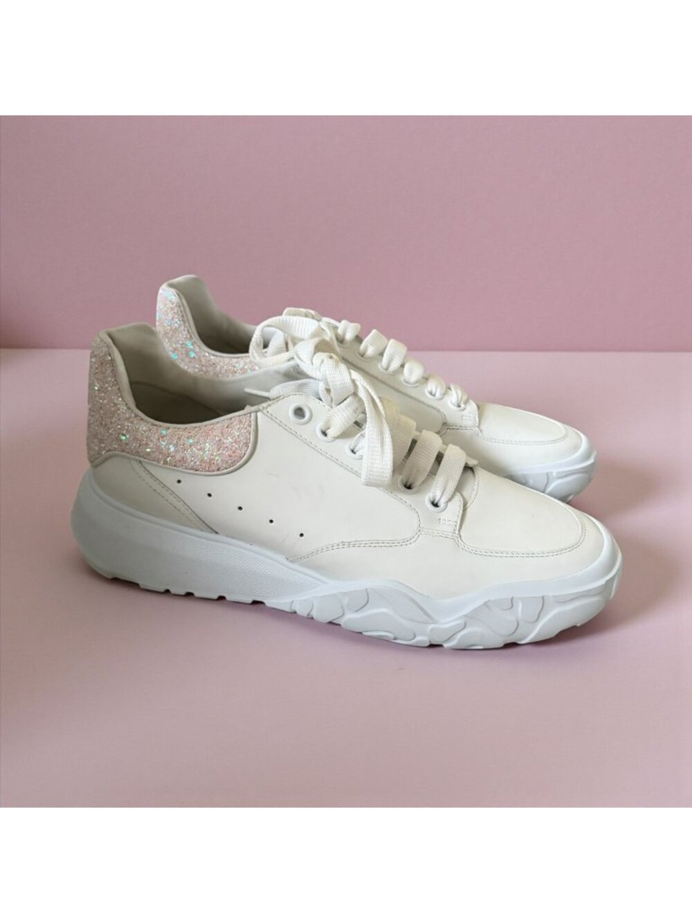 ALEXANDER MCQUEEN Women's White Pink Glitter Court Trainer Sneakers Sz 41/ US 11